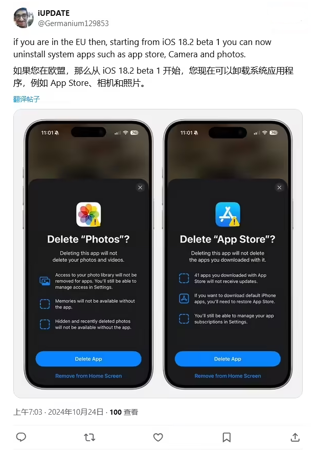 东胜苹果手机维修分享iOS 18.2 支持删除 App Store 应用商店 