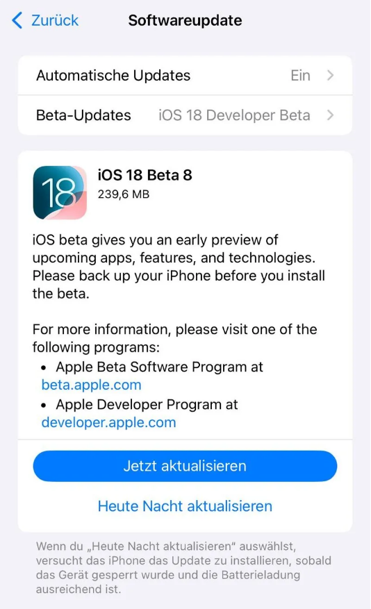 东胜苹果手机维修分享苹果 iOS / iPadOS 18 开发者预览版 Beta 8 发布 